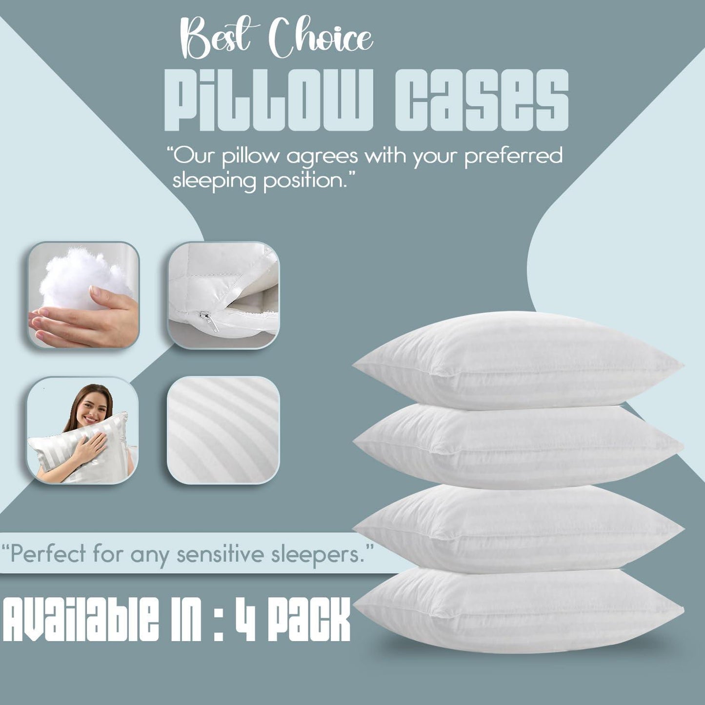 Pillow Cases, Hotel Quality Satin Stripes Pillows Cover Pack of 4 - Sunshine Comforts