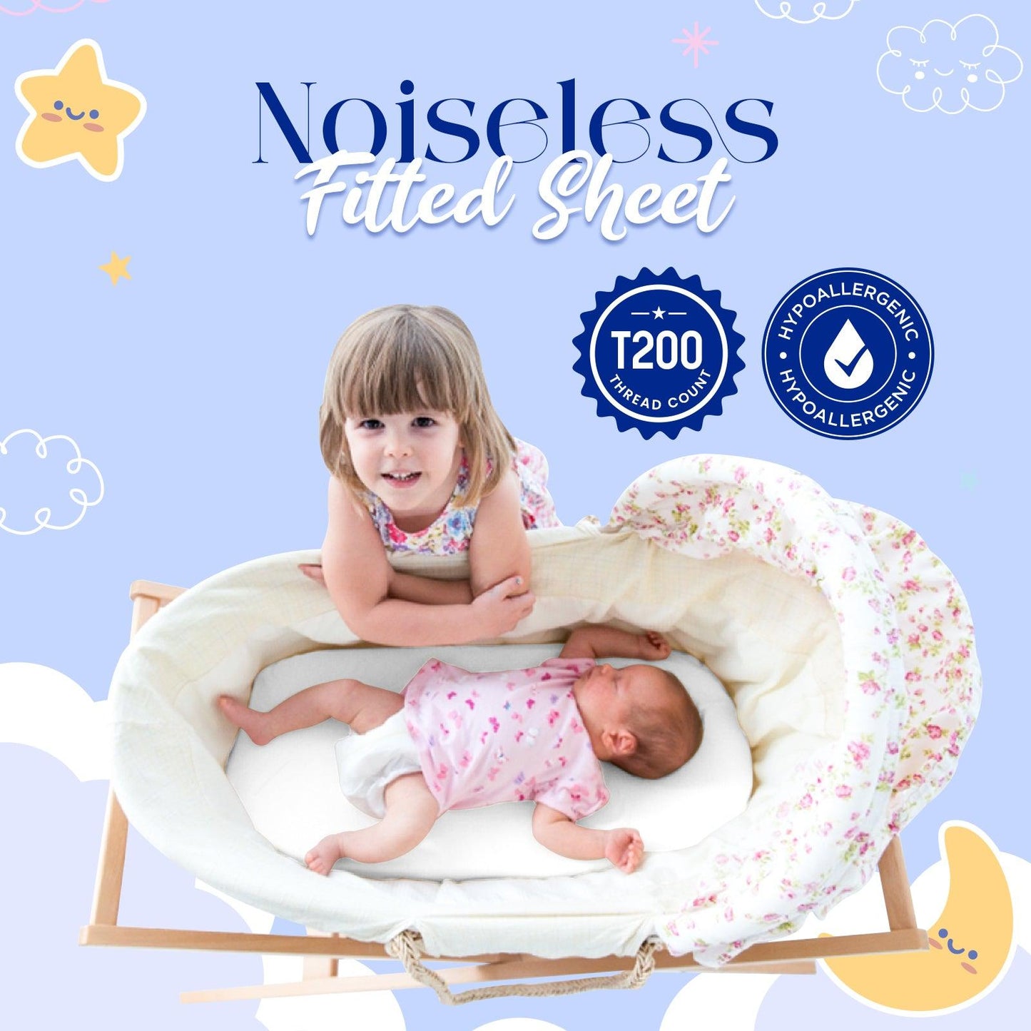 2 Pack Cotton Moses Basket Sheets, Breathable Baby Crib sheets - Sunshine Comforts