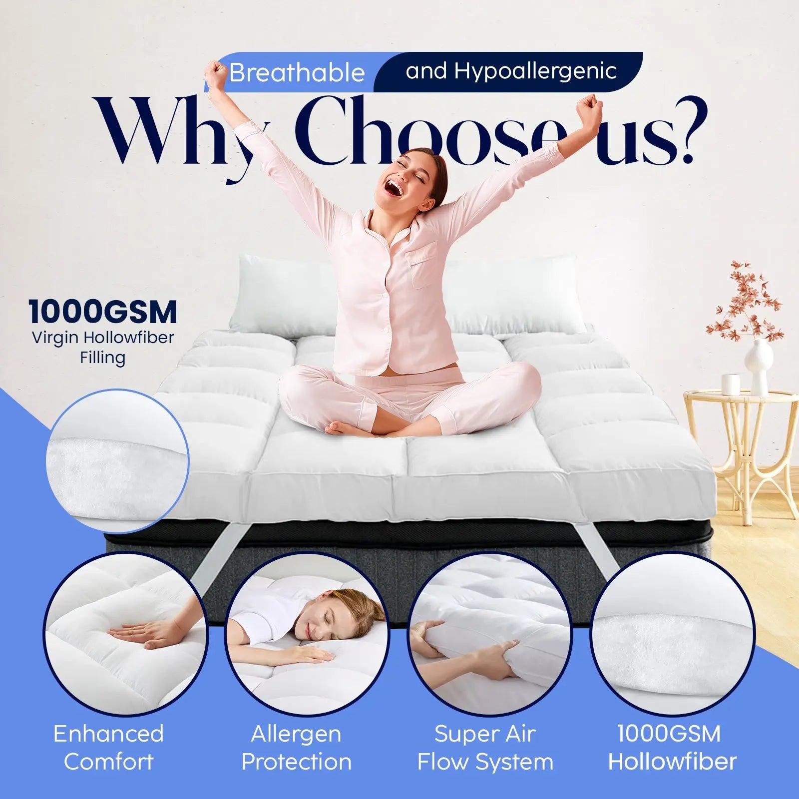 Super King Mattress Topper 10CM Extra Thick with 1000GSM Filling Fiber - Sunshine Comforts