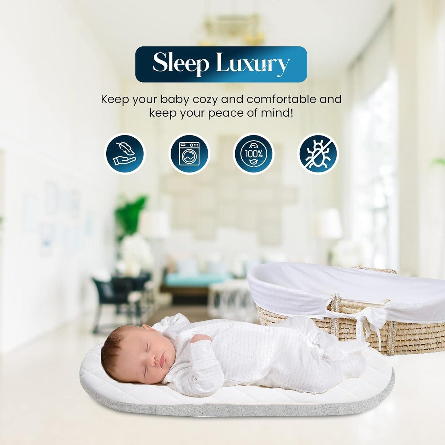 Waterproof Moses Basket Mattress Protector with Stretch Skirt (35 x 75cm) - Sunshine Comforts