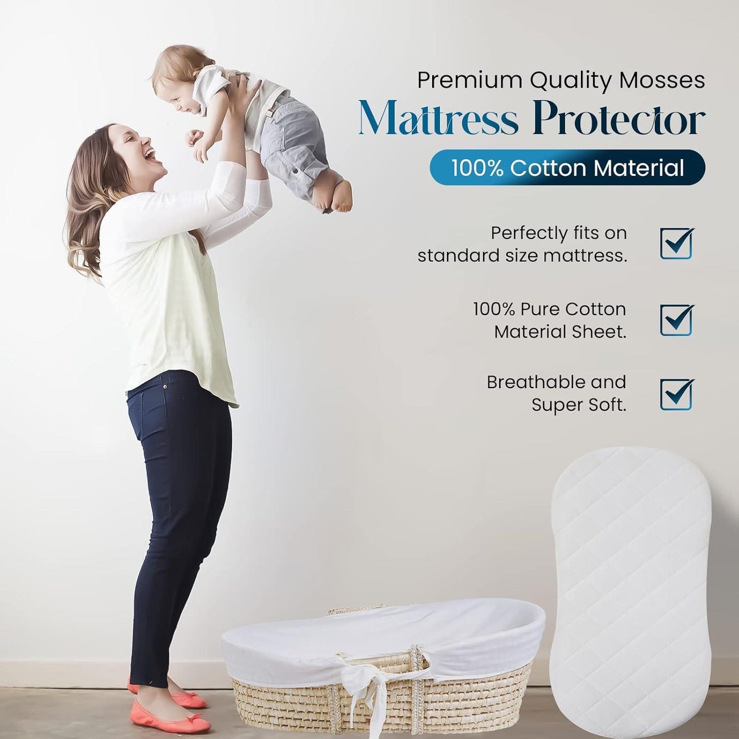 Waterproof Moses Basket Mattress Protector with Stretch Skirt (35 x 75cm) - Sunshine Comforts