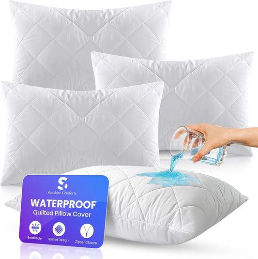Pillow Protectors, Quilted Zipped Pillow Protector 4 Pack - Sunshine Comforts